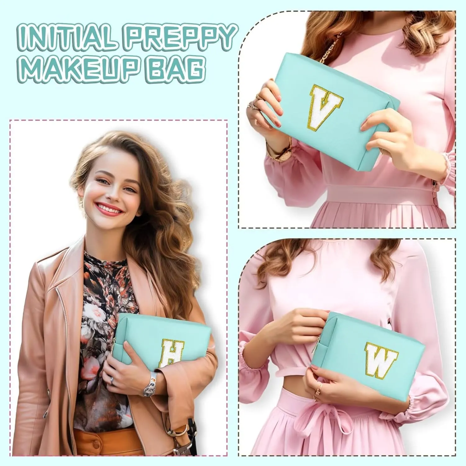 TOPEAST Travel Makeup Bag, Personalized Initial Toiletry Bag w Zipper, Cute Makeup Pouch, PU Leather Waterproof Cosmetic Bag, Birthday Gift for Daughter, Preppy Things for Girls (Blue G)