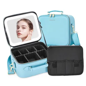 Travel Makeup Bag with LED Mirror, Cosmetic Train Case with Lighted Mirror, Waterproof Makeup Organizer Case for Brush Holder Storage, Travle Toiletry Bag for Women Gift
