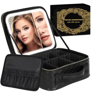 Travel Makeup Bag with LED Mirror, Makeup Case with 3 Color Lighted Setting and 2X3X Magnifying Mirror, Portable Cosmetic Bag with Adjustable Divider, Makeup Brush Holder Storage, Glossy Black