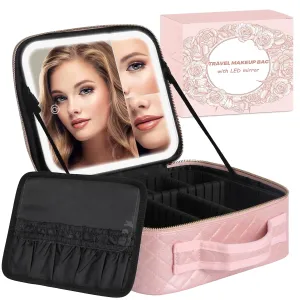 Travel Makeup Bag with LED Mirror, Makeup Case with 3 Color Lighted Setting and 2X3X Magnifying Mirror, Portable Cosmetic Bag with Adjustable Divider, Makeup Brush Holder Storage, Pink