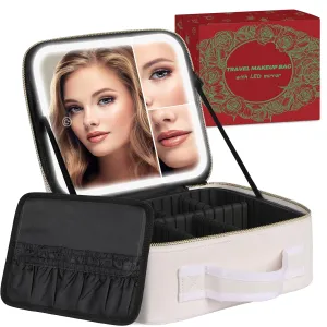 Travel Makeup Bag with LED Mirror, Makeup Case with 3 Color Lighted Setting and 2X3X Magnifying Mirror, Portable Cosmetic Bag with Adjustable Divider, Makeup Brush Holder Storage