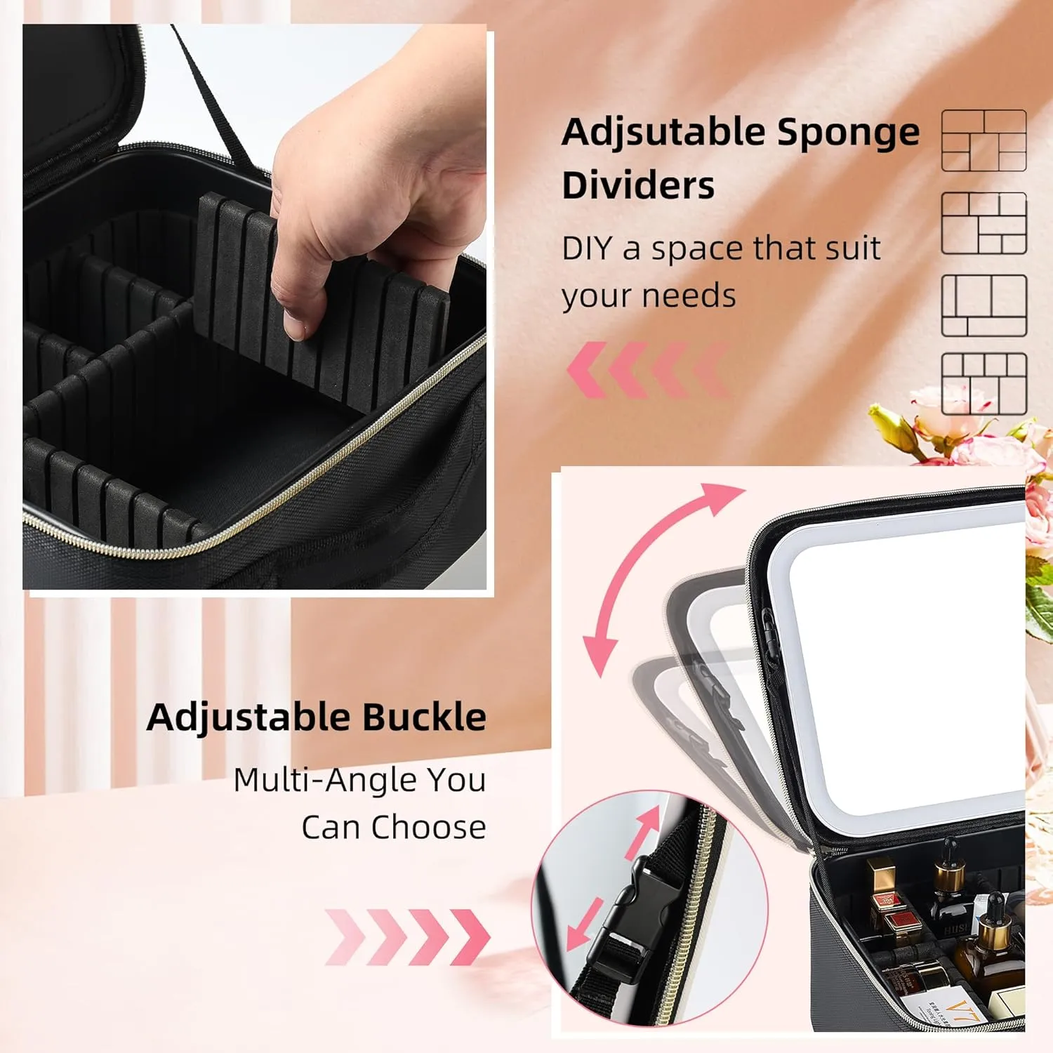 Travel Makeup Bag with LED Mirror – Waterproof Cosmetic Train Case with Adjustable Dividers, Portable Makeup Organizer and Toiletry Bag for Women, Teens & Girls Gift, White