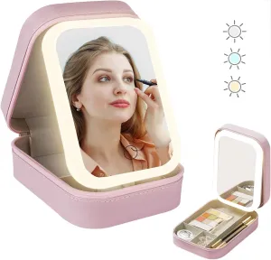 Travel Makeup Case with Lighted Mirror, Partitionable Cosmetic Bag, Professional Cosmetic Artist Organizer, Waterproof Portable, Travel Toiletry Bag (Pink)