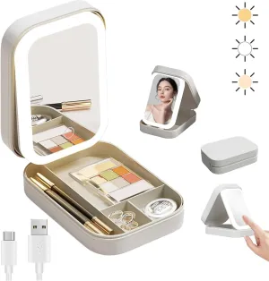 Travel Makeup Mirror with Light, Compact Makeup Bag with Led Mirror,Smart Touch 3-Colors Dimmable Makeup Case,Rechargeable Portable Mirror,Gift for Girl Women