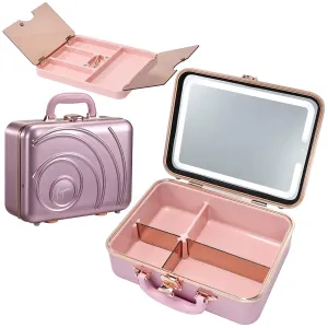 Travel Makeup Train Cases with Lighted Mirror 3 Color Setting, Hardshell Makeup Cosmetic Case Organizer Adjustable Brightness Portable Makeup Storage Box For Makeup Accessories (Double Layer Pink)