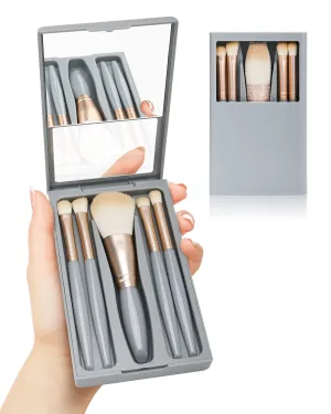 Travel Size Makeup Brushes Set Travel Essentials for women, Portable Make Up Brush Kit Small Complete Function Cosmetic Brushes Set with Case and Mirror, 5PC(Blue)