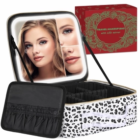Travel Makeup Bag with LED Mirror, Makeup Case with 3 Color Lighted Setting and 2X3X Magnifying Mirror, Portable Cosmetic Bag with Adjustable Divider, Makeup Brush Holder Storage, Leopard Prints