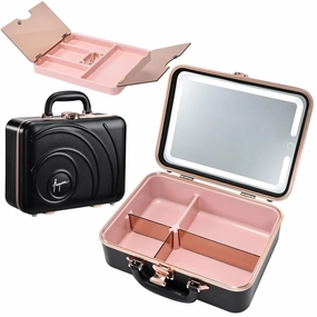 Travel Makeup Train Cases with Lighted Mirror 3 Color Setting, Hardshell Makeup Cosmetic Case Organizer Adjustable Brightness Portable Makeup Storage Box For Makeup Accessories Black