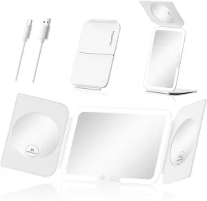 Trifold Travel Lighted Makeup Mirror, 5000mAh Rechargeable Light Up Magnifying Mirrors 1X/3X/10X, 3 Color Lighting&Stepless Dimming, Ultra Bright and Multi-Angle Adjustment