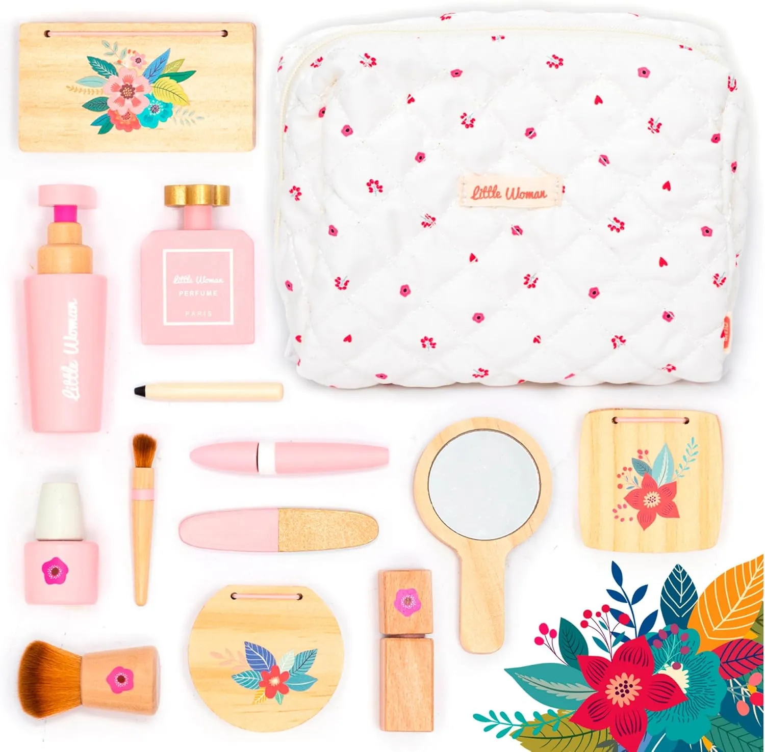 UMU® Stylish Wooden Beauty Set Little Woman for Girls - Makeup Playset 17 Piece Kit with Makeup, Brush, Mirror and Cosmetics Case, Best Gift for 3, 4, 5  Girls Kids
