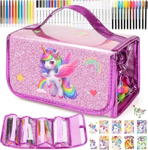 Unicorn Washable Markers for Kids With Glittery Pencil Case, Arts And Crafts for Kids Age 4-6-8, Art Supplies Coloring Set with Diy Unicorn Stickers, Birthday Christmas Gifts for Girls (Purple)