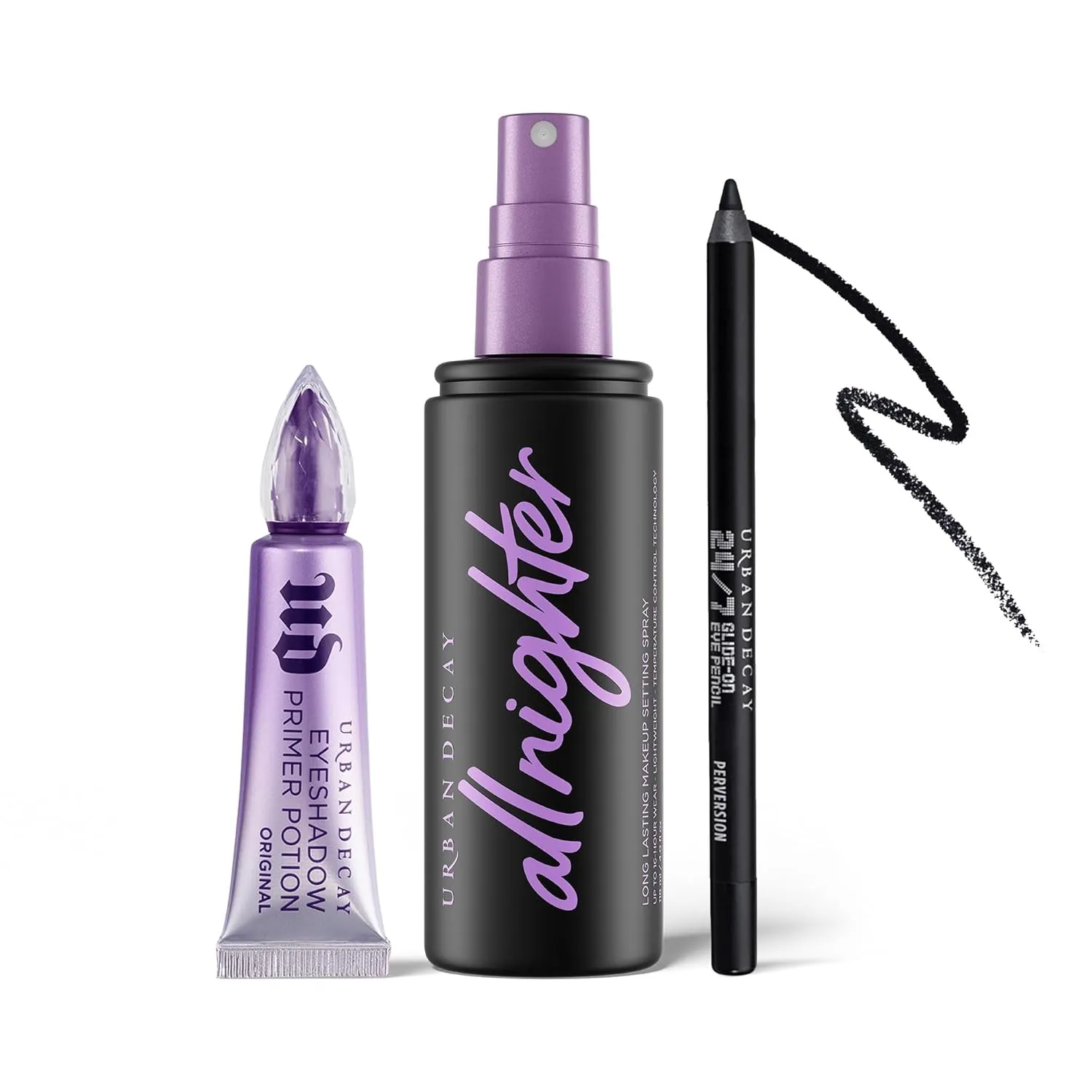 Urban Decay Eye Makeup Essentials Bundle - All Nighter Natural Finish Setting Spray (4 Fl Oz) - Eyeshadow Primer Potion (0.33 Fl Oz) - 24/7 Glide-On Waterproof Black Eye Pencil (Perversion)