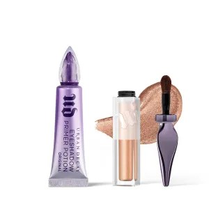 Urban Decay Eyeshadow Primer & Liquid Glitter Eyeshadow Bundle - Eyeshadow Primer Potion (0.33 Fl Oz) for Crease-free Eye Makeup - 24/7 Glaze-On Eyeshadow (Space Cowboy) for Buildable Shimmer