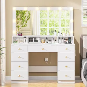 Vanity Desk with Large Mirror and Lights, Super Storage Space Makeup Vanity with 9 Drawers & Power Outlet, Makeup Desk Dressing Table with Crystal Handles, 3 Lighting Modes for Women, girls (White)