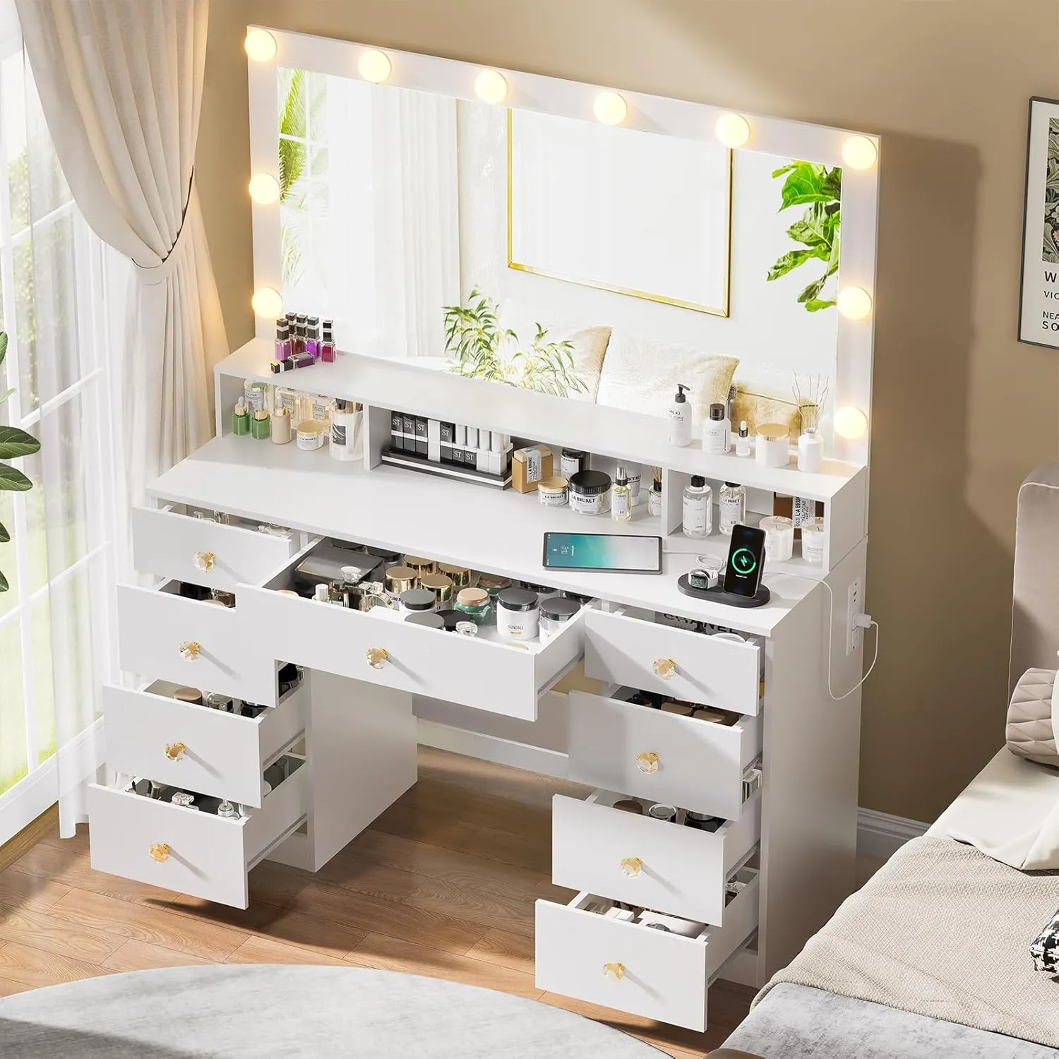 Vanity Desk with Large Mirror and Lights, Super Storage Space Makeup Vanity with 9 Drawers & Power Outlet, Makeup Desk Dressing Table with Crystal Handles, 3 Lighting Modes for Women, girls (White)