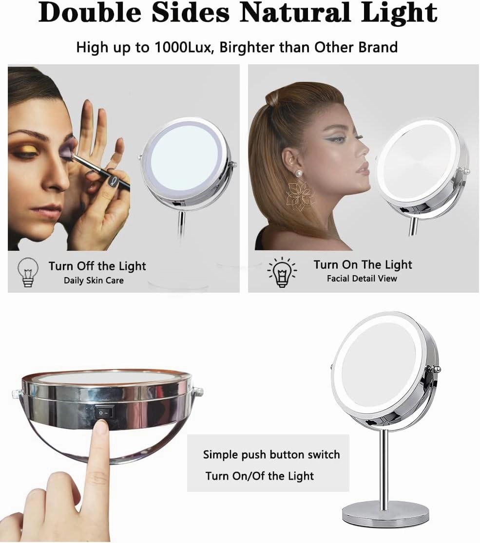 Vanity Mirror with Lights 1X 10X Magnifying Mirror with Light Double Side 7” LED Lighted Makeup Mirror for Makeup Shaving 360 Rotation Detachable Travel Mirror (Vanity Mirror with Lights)