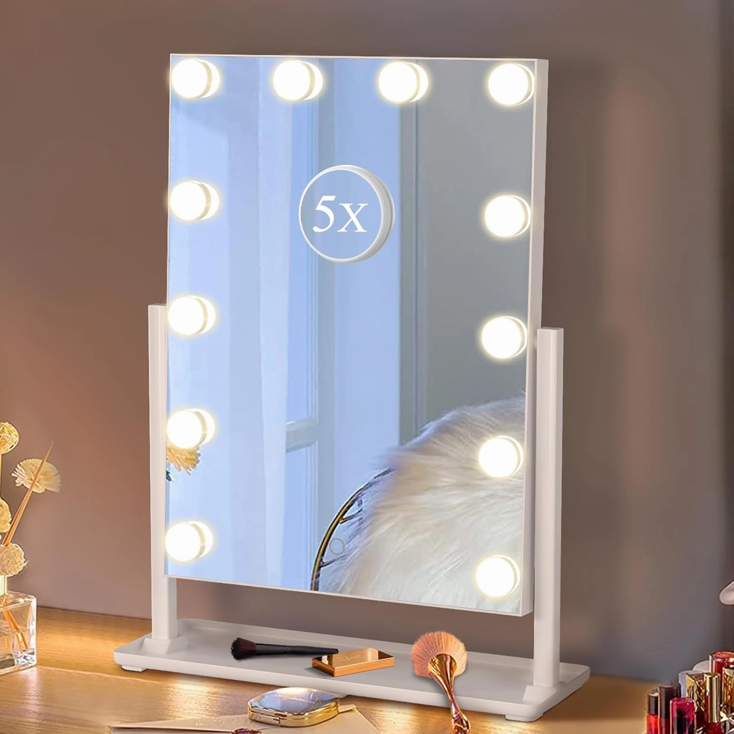 Vanity Mirror with Lights, Makeup Mirror with 12 Dimmable Bulbs 3 Color Lighting Modes Detachable 5X Magnification Mirror,360°Rotation, White.
