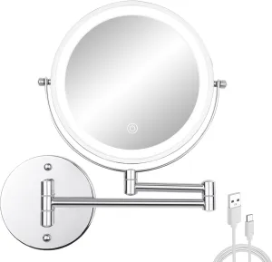 Wall Mounted Makeup Vanity Mirror with Lights, 8” Double Sided 1X/10X Wall Mount Magnifying Bathroom Shaving Mirror with 3 Color Lights, Rechargeable Touch Dimmable Extendable Cosmetic Mirror