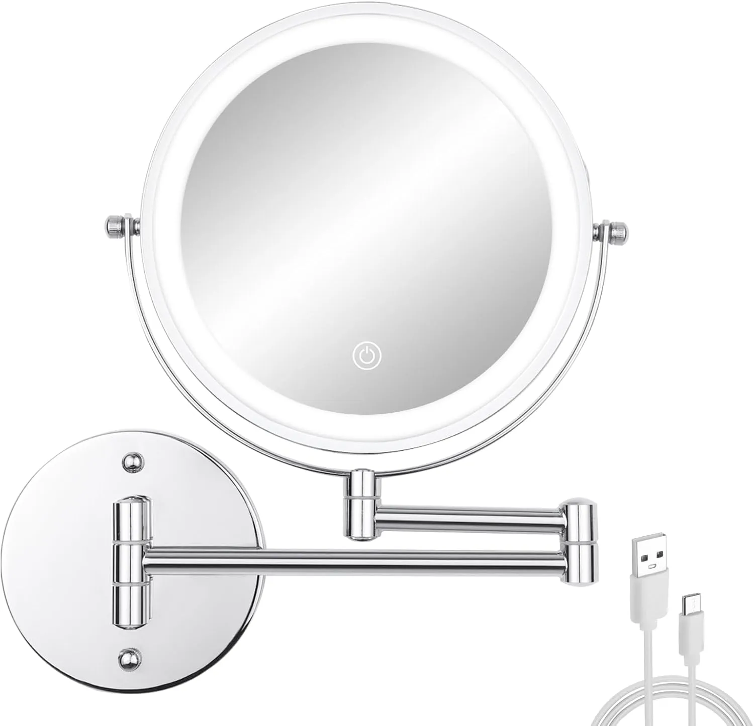 Wall Mounted Makeup Vanity Mirror with Lights, 8” Double Sided 1X/10X Wall Mount Magnifying Bathroom Shaving Mirror with 3 Color Lights, Rechargeable Touch Dimmable Extendable Cosmetic Mirror
