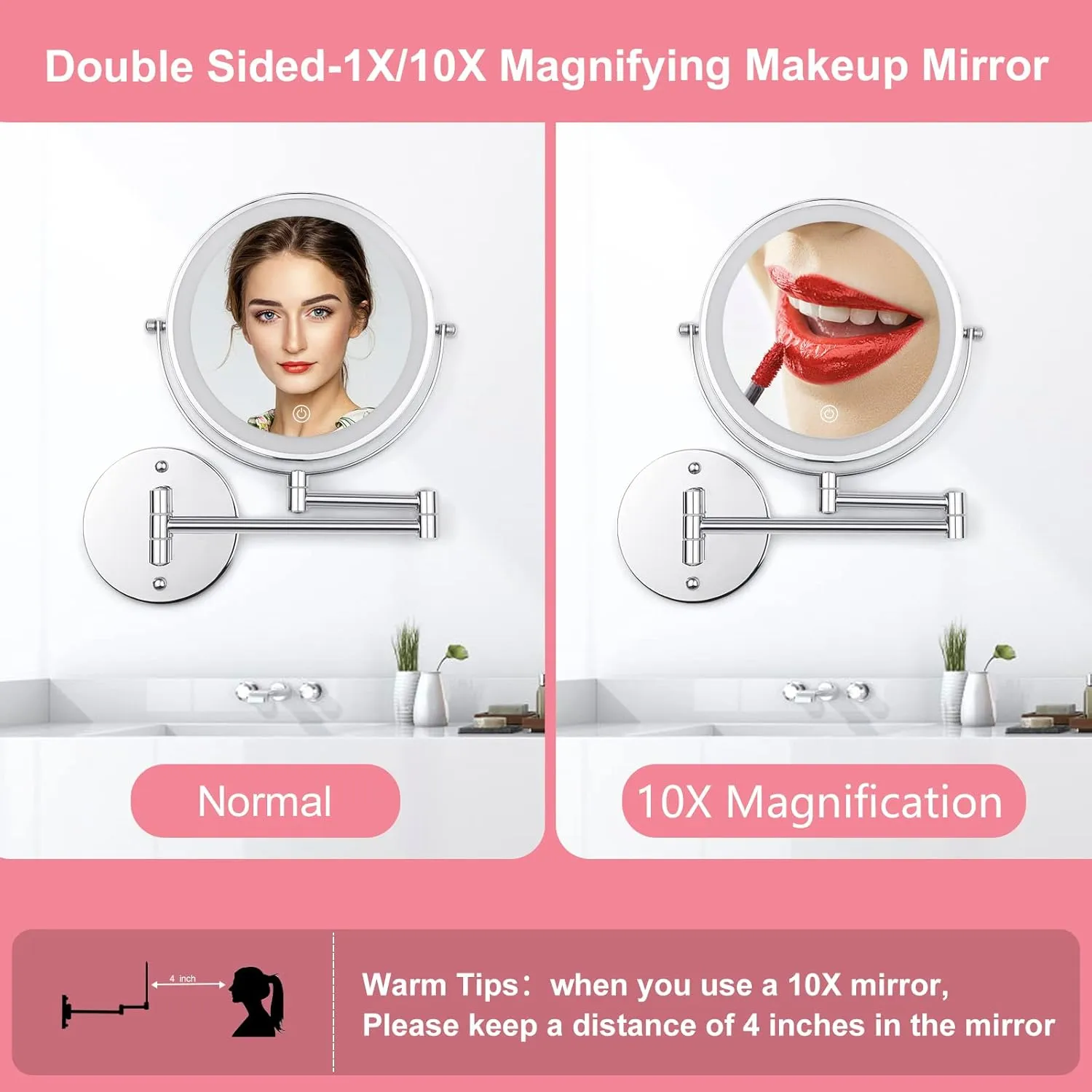 Wall Mounted Makeup Vanity Mirror with Lights, 8” Double Sided 1X/10X Wall Mount Magnifying Bathroom Shaving Mirror with 3 Color Lights, Rechargeable Touch Dimmable Extendable Cosmetic Mirror