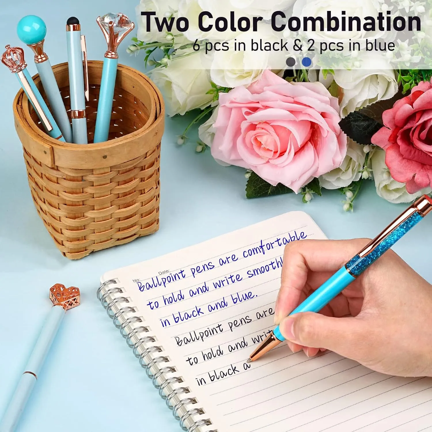 WEMATE 8Pcs Ballpoint Pens Set Metal Crystal Diamond Pen Glitter Pen for Journaling Blue Bling in Black & Blue Ink Pretty Cute Pens Fancy Pens Gifts for Women Wedding School Office Desk(Blue)
