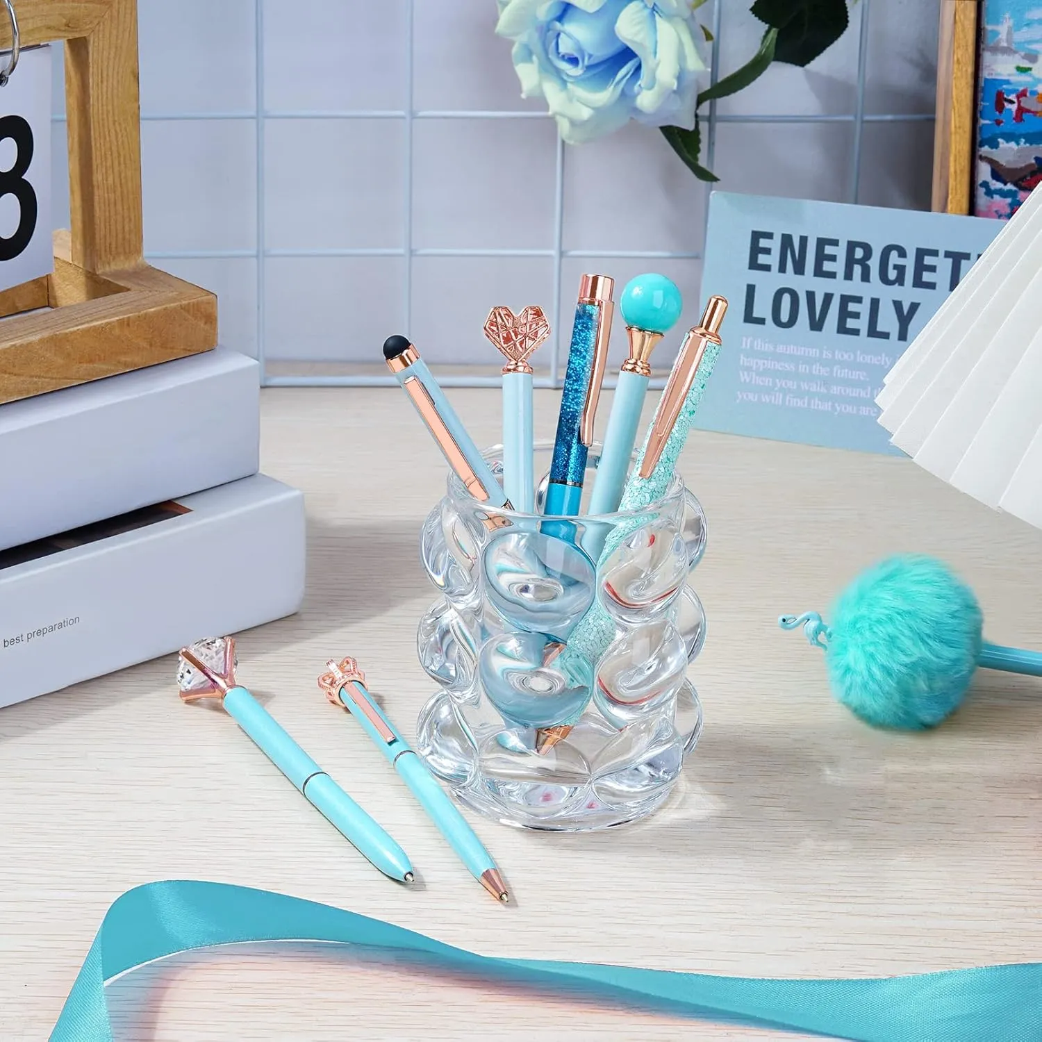WEMATE 8Pcs Ballpoint Pens Set Metal Crystal Diamond Pen Glitter Pen for Journaling Blue Bling in Black & Blue Ink Pretty Cute Pens Fancy Pens Gifts for Women Wedding School Office Desk(Blue)