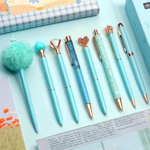 WEMATE 8Pcs Ballpoint Pens Set Metal Crystal Diamond Pen Glitter Pen for Journaling Blue Bling in Black & Blue Ink Pretty Cute Pens Fancy Pens Gifts for Women Wedding School Office Desk(Blue)