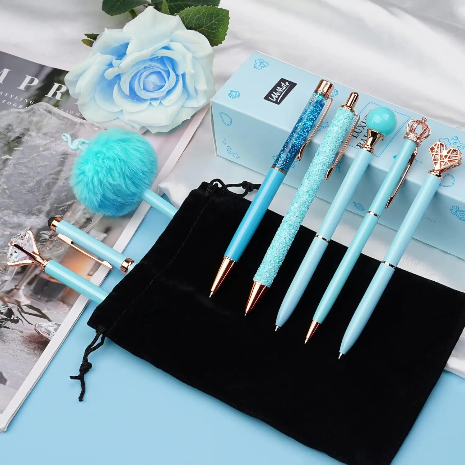 WEMATE 8Pcs Ballpoint Pens Set Metal Crystal Diamond Pen Glitter Pen for Journaling Blue Bling in Black & Blue Ink Pretty Cute Pens Fancy Pens Gifts for Women Wedding School Office Desk(Blue)