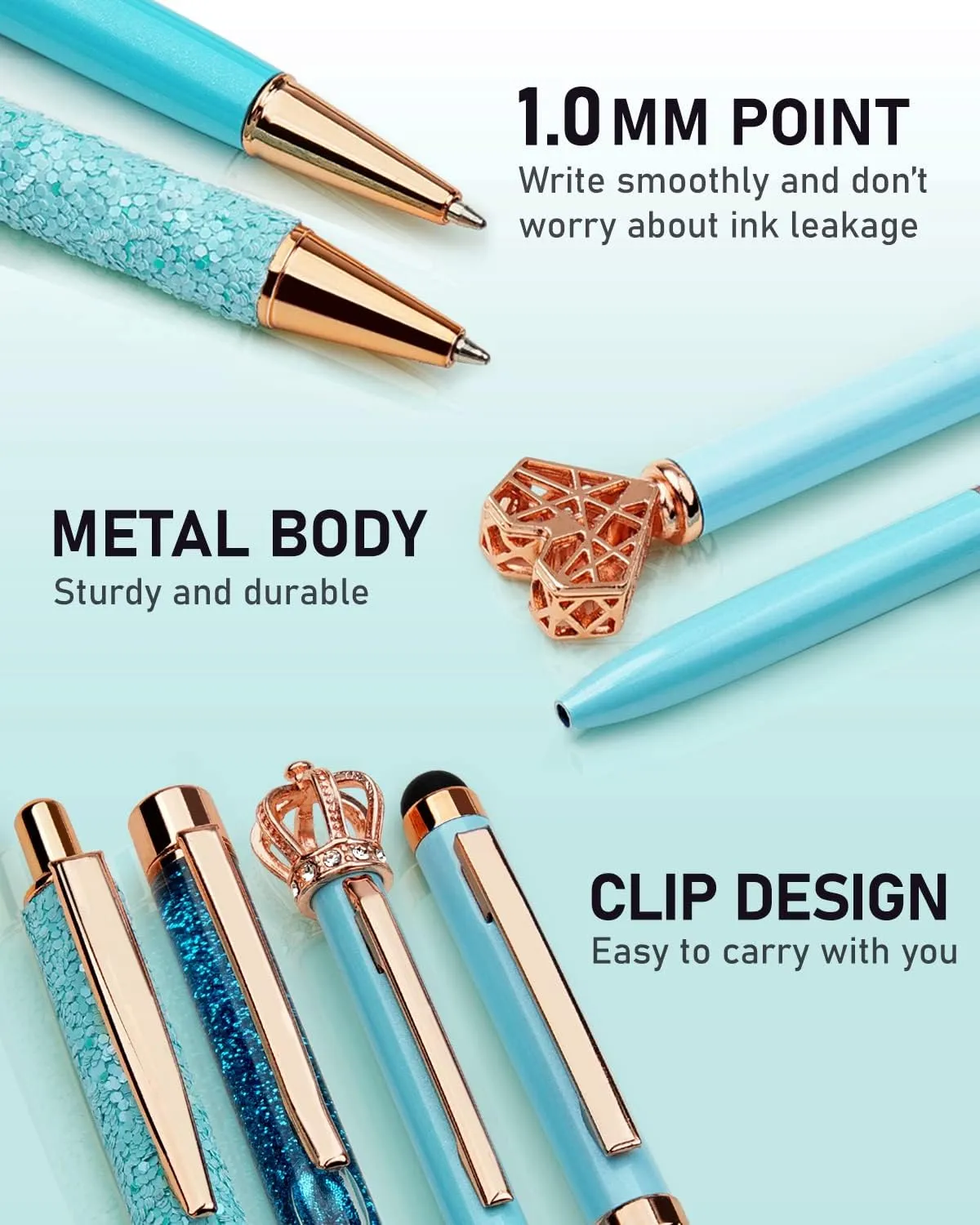WEMATE 8Pcs Ballpoint Pens Set Metal Crystal Diamond Pen Glitter Pen for Journaling Blue Bling in Black & Blue Ink Pretty Cute Pens Fancy Pens Gifts for Women Wedding School Office Desk(Blue)