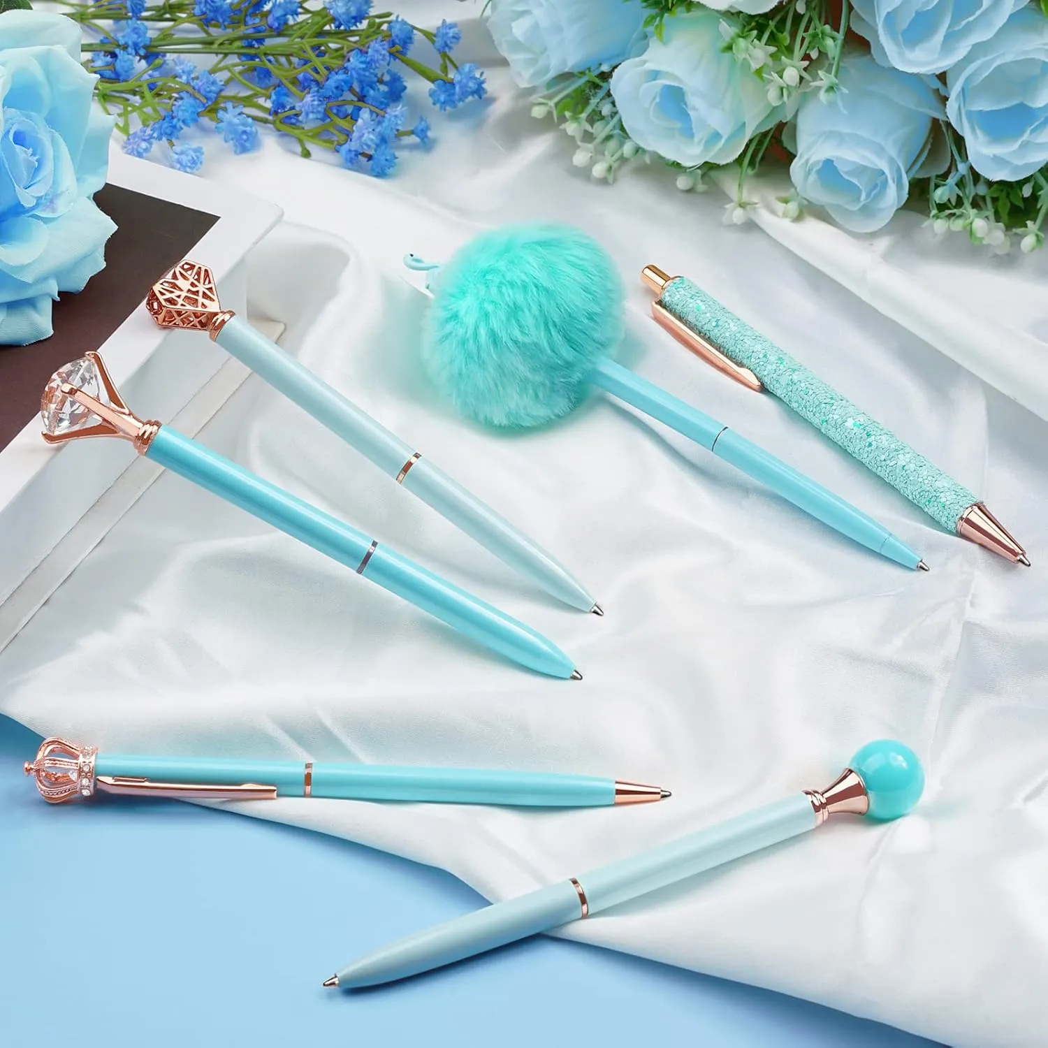 WEMATE 8Pcs Ballpoint Pens Set Metal Crystal Diamond Pen Glitter Pen for Journaling Blue Bling in Black & Blue Ink Pretty Cute Pens Fancy Pens Gifts for Women Wedding School Office Desk(Blue)
