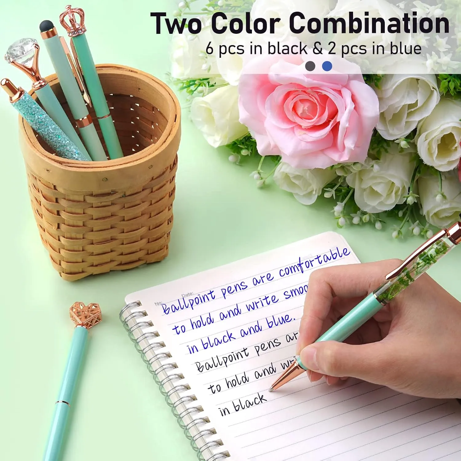 WEMATE 8Pcs Metal Crystal Diamond Ballpoint Pens Set - Glitter Green With Black & Blue Ink - Bling Fancy Gifts for Women, Wedding, School, Office Desk