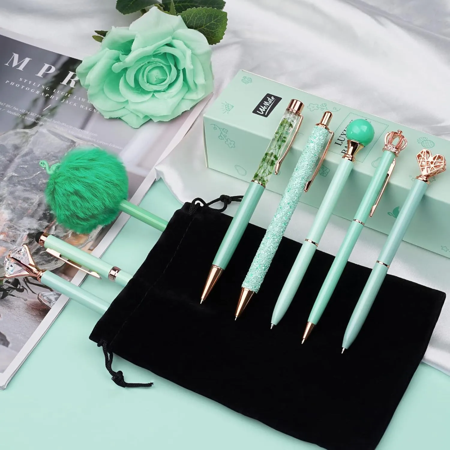 WEMATE 8Pcs Metal Crystal Diamond Ballpoint Pens Set - Glitter Green With Black & Blue Ink - Bling Fancy Gifts for Women, Wedding, School, Office Desk