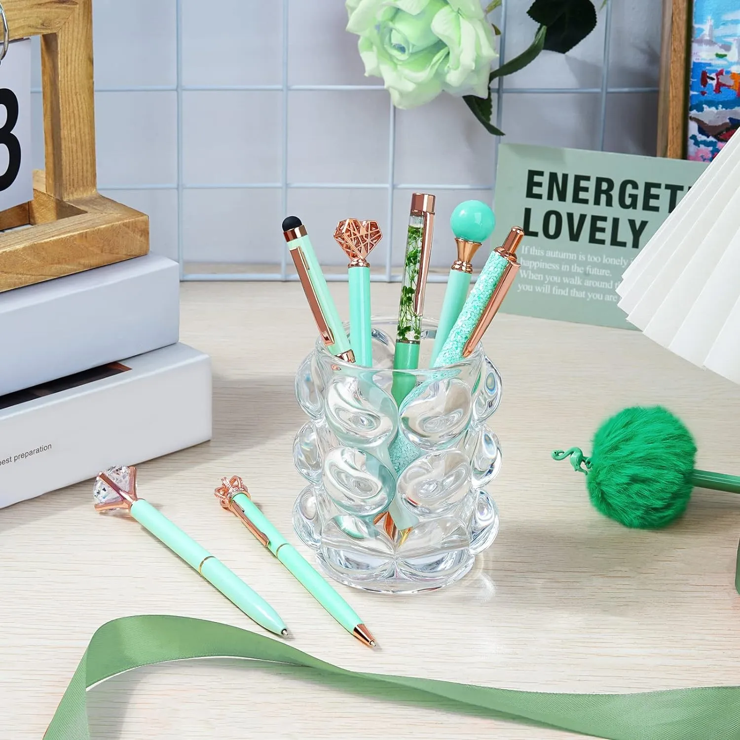 WEMATE 8Pcs Metal Crystal Diamond Ballpoint Pens Set - Glitter Green With Black & Blue Ink - Bling Fancy Gifts for Women, Wedding, School, Office Desk