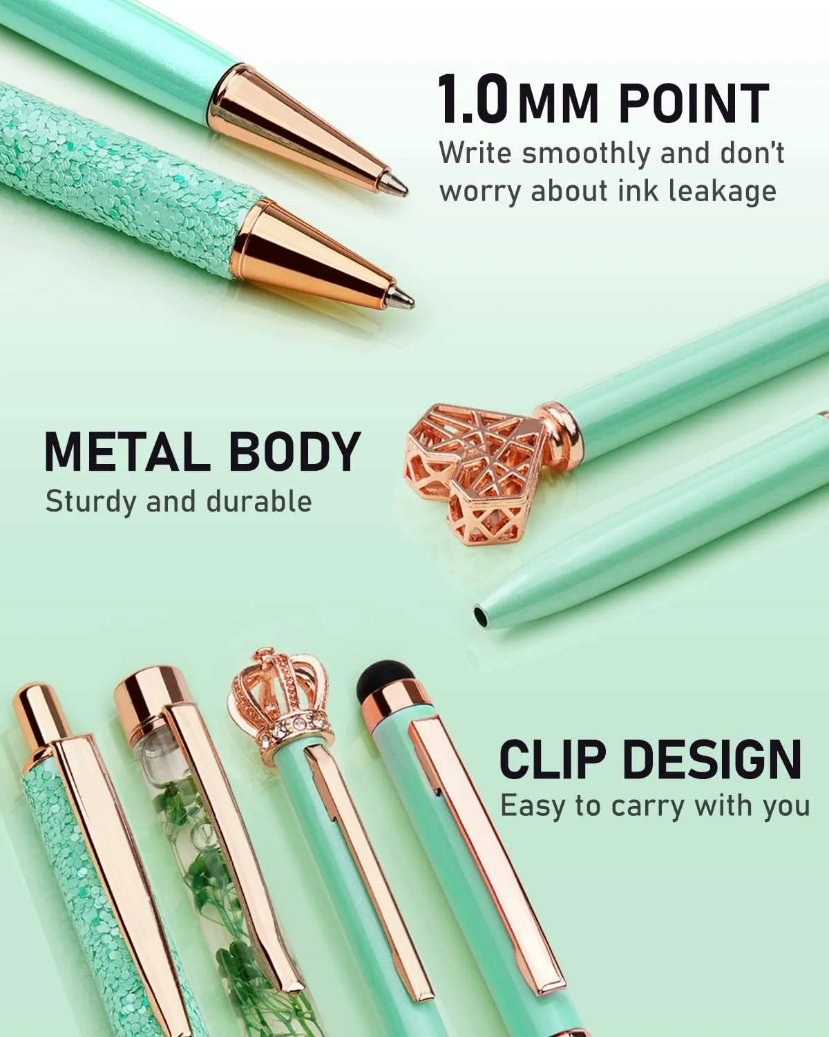 WEMATE 8Pcs Metal Crystal Diamond Ballpoint Pens Set - Glitter Green With Black & Blue Ink - Bling Fancy Gifts for Women, Wedding, School, Office Desk