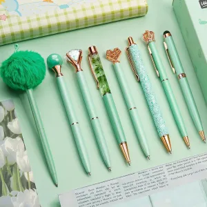 WEMATE 8Pcs Metal Crystal Diamond Ballpoint Pens Set - Glitter Green With Black & Blue Ink - Bling Fancy Gifts for Women, Wedding, School, Office Desk