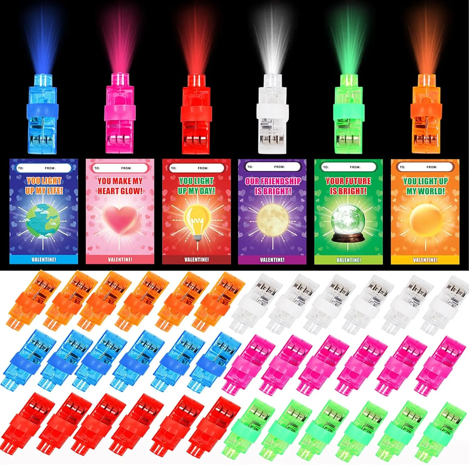 WEMEMORN 36 Pack Valentine's Day Cards for Kids with LED Finger Lights, 6 Color Light Up Finger Beams Lights Glow in the Dark Bulk Toys, Valentine's Prizes Party Favor School Classroom Gifts Exchange