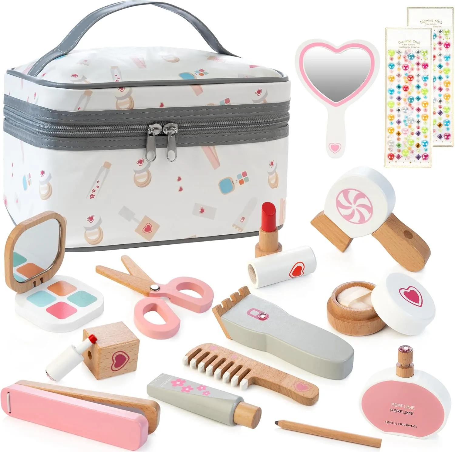 Wooden Makeup Toy Set - 18Pcs Pretend Play Makeup Kit for Girls 3-8, Montessori Beauty Salon Role Play with Storage Bag, Birthday Gift for Girls