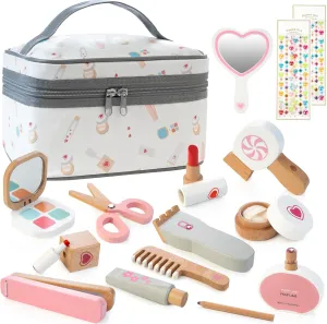 Wooden Makeup Toy Set - 18Pcs Pretend Play Makeup Kit for Girls 3-8, Montessori Beauty Salon Role Play with Storage Bag, Birthday Gift for Girls