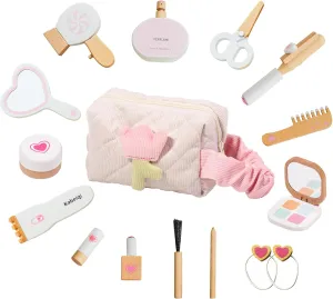 Wooden Makeup Toy Set for Toddlers, 16 Pieces Pretend Play Beauty Salon Kit with Styling Tools, Cosmetics and Storage Bag for Kids Age 3 4 5 6 7 8 Years Old