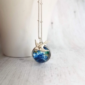 World Globe Necklace, traveler necklace, trip gift, small glass Earth pendant, silver bird charm, delicate bead chain, Not So Far Away Friend, miss you gift, long distance gift, travel memento