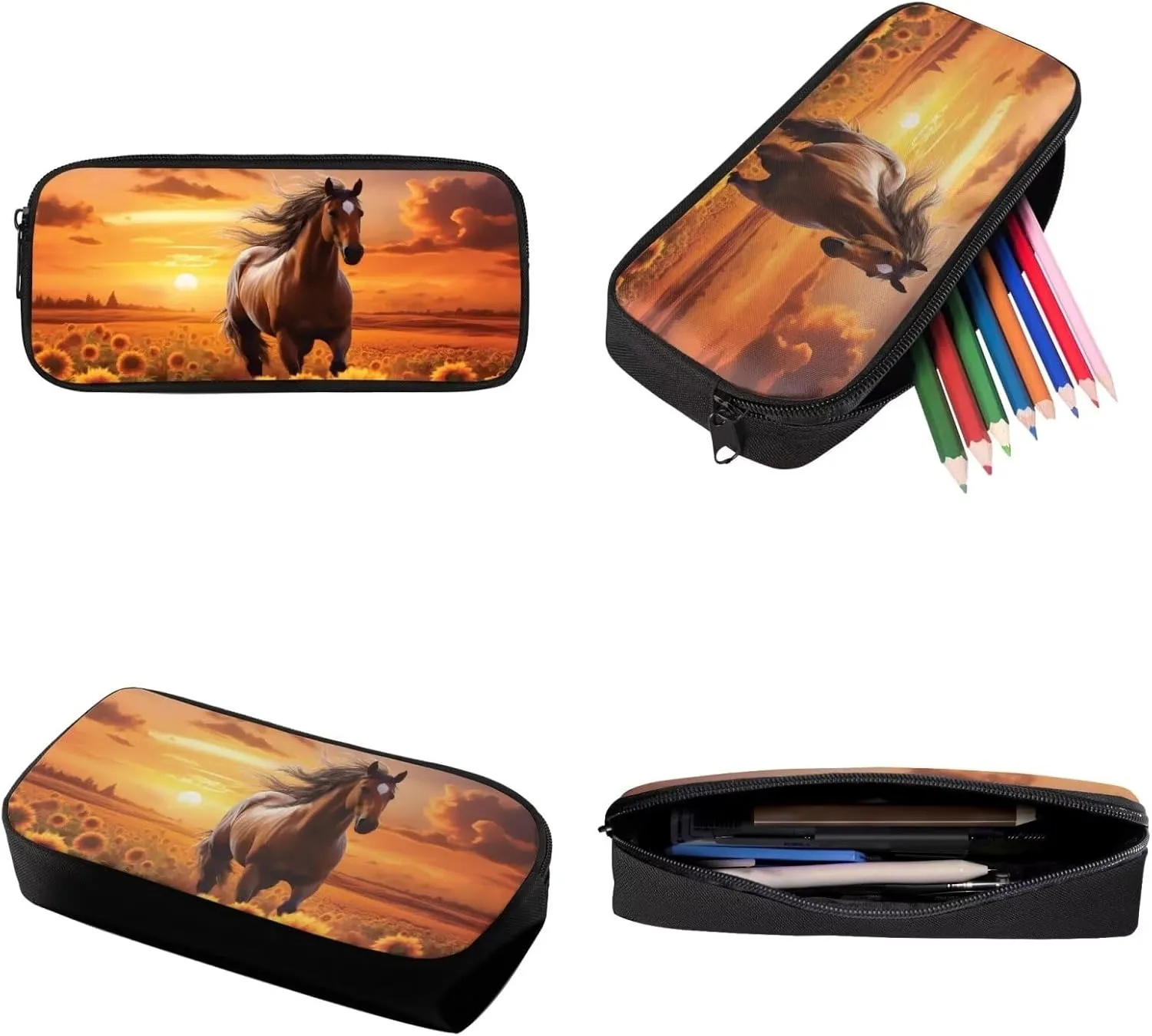 Xoenoiee Sunflower Horse Sunset Glow Print Backpack Set with 17in Backpack Lunch Bag & Pencil Case, Schoolbag Sets for Boy Girl Students for School Travel Picnic