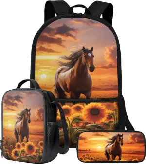 Xoenoiee Sunflower Horse Sunset Glow Print Backpack Set with 17in Backpack Lunch Bag & Pencil Case, Schoolbag Sets for Boy Girl Students for School Travel Picnic