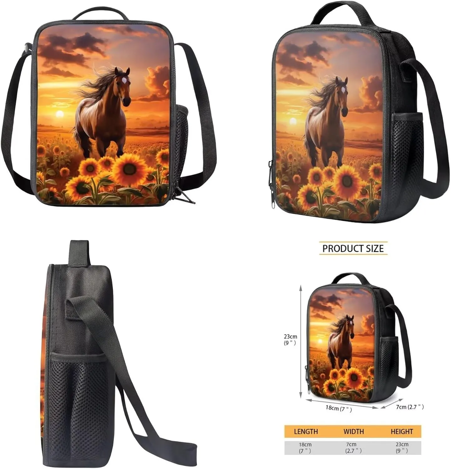 Xoenoiee Sunflower Horse Sunset Glow Print Backpack Set with 17in Backpack Lunch Bag & Pencil Case, Schoolbag Sets for Boy Girl Students for School Travel Picnic
