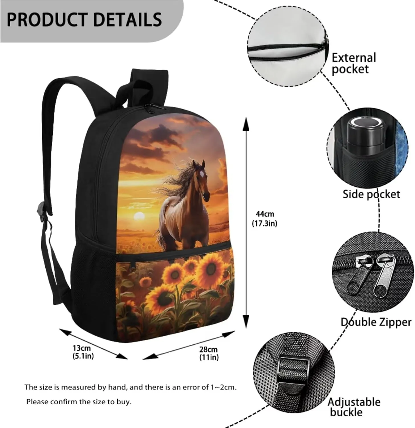 Xoenoiee Sunflower Horse Sunset Glow Print Backpack Set with 17in Backpack Lunch Bag & Pencil Case, Schoolbag Sets for Boy Girl Students for School Travel Picnic