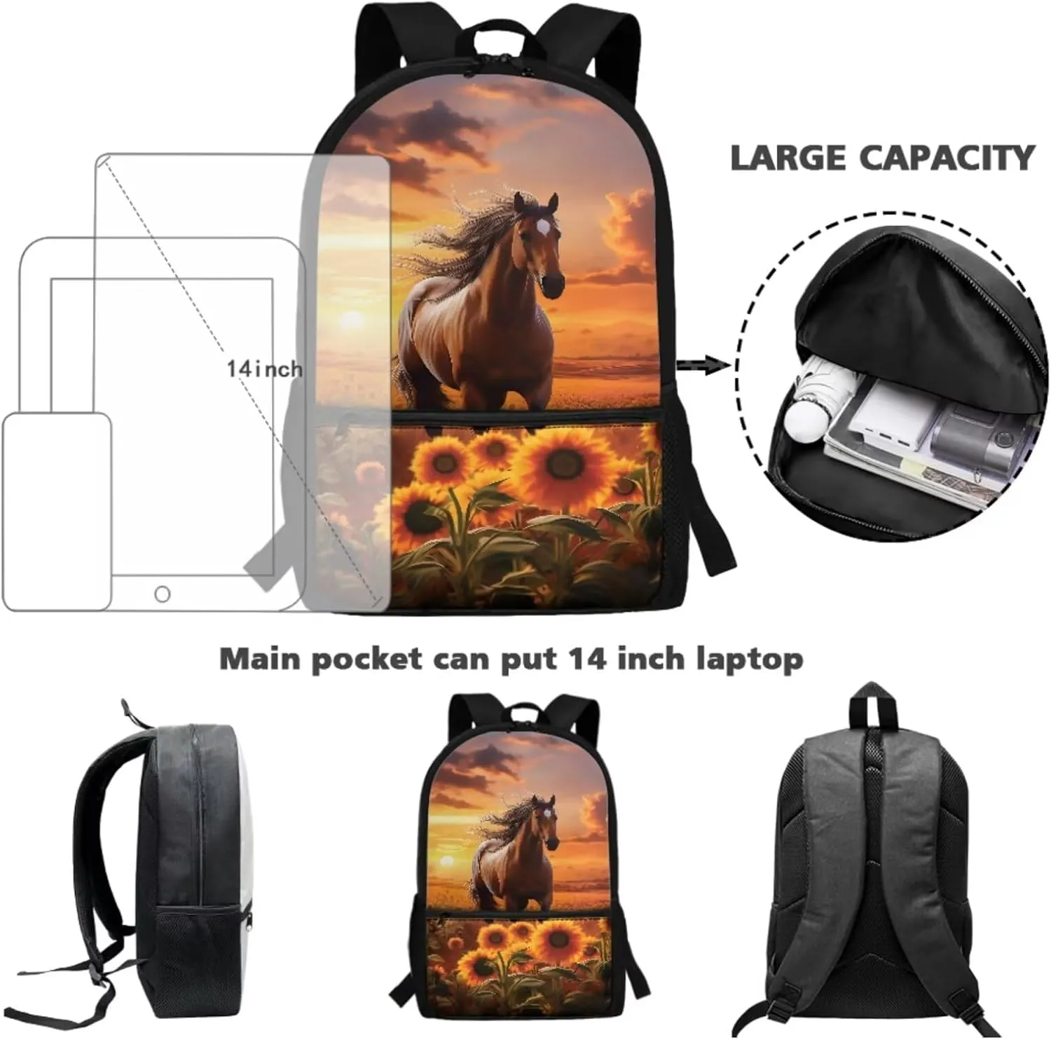 Xoenoiee Sunflower Horse Sunset Glow Print Backpack Set with 17in Backpack Lunch Bag & Pencil Case, Schoolbag Sets for Boy Girl Students for School Travel Picnic