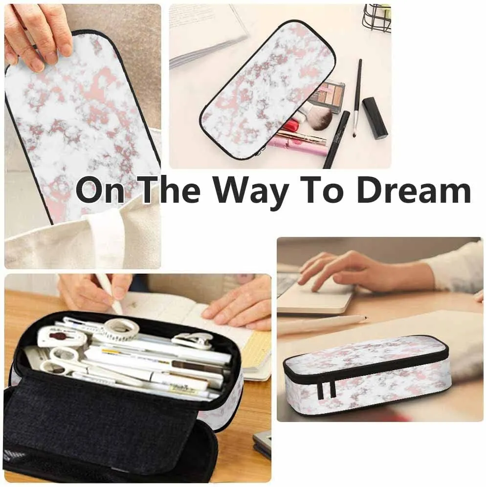Yekiua Marble Pen Bag Beautiful Abstract Glitter Marbling Large Pencil Case Big Capacity Pencil Pouch Pencil Holder Rose Gold