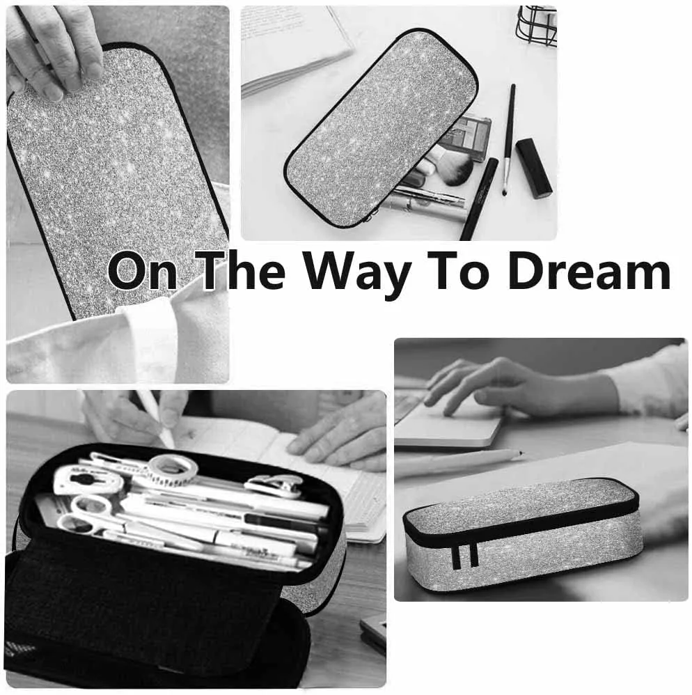 Yekiua Silver Glitter (printed) Pencil Pouch Abstract Monochrome Silver Bokeh High Capacity Pencil Case Stationary Bag Cosmetics Bag