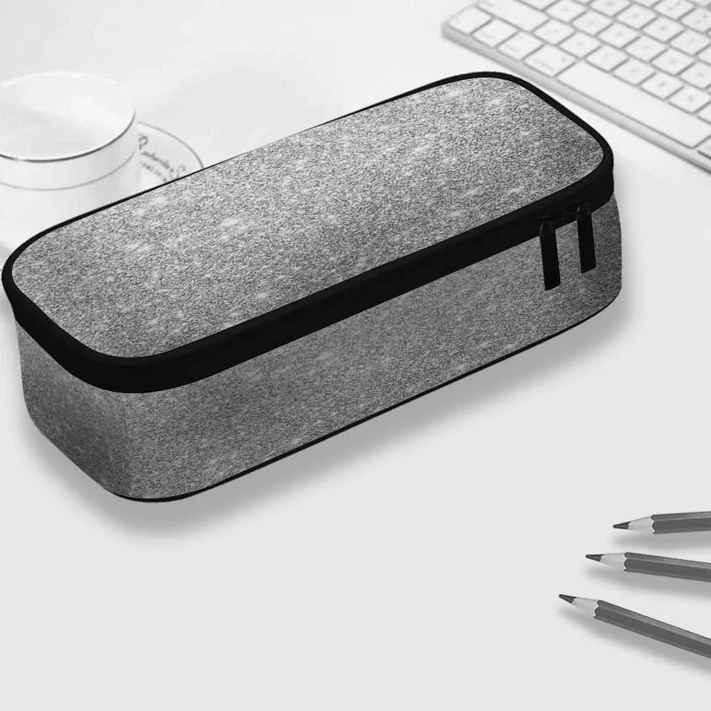 Yekiua Silver Glitter (printed) Pencil Pouch Abstract Monochrome Silver Bokeh High Capacity Pencil Case Stationary Bag Cosmetics Bag