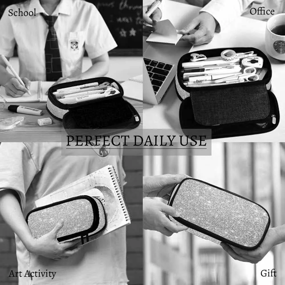 Yekiua Silver Glitter (printed) Pencil Pouch Abstract Monochrome Silver Bokeh High Capacity Pencil Case Stationary Bag Cosmetics Bag