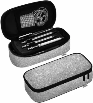 Yekiua Silver Glitter (printed) Pencil Pouch Abstract Monochrome Silver Bokeh High Capacity Pencil Case Stationary Bag Cosmetics Bag